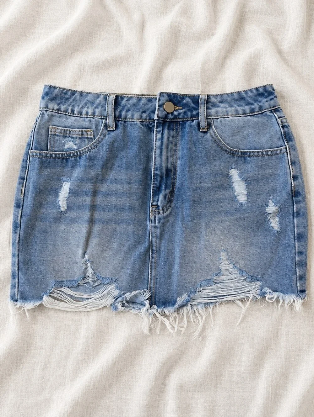 Distressed Light Blue Denim Mini Skirt Size S